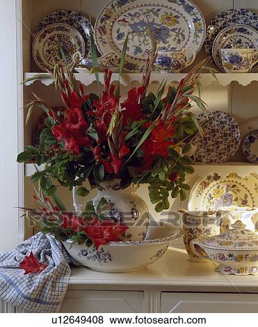 Red gladioli in jug on dresser View Large Photo Image Stock Photo - Red gladioli in jug on dresser. Fotosearch