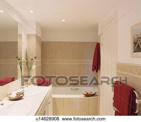 Pictures Of Red Towels In Modern Travertine Bathroom U14628908 Picture Red Towels In Modern Travertine Bathroom Fotosearch Search Stock Photos Images