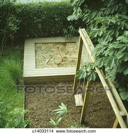 Picture - Sandpit and swing in play area of small town garden. Fotosearch