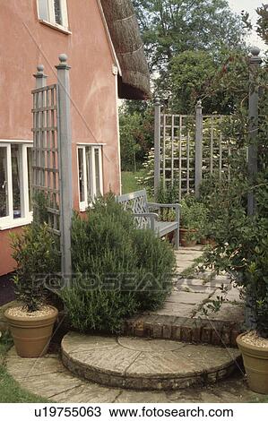 Stock Image - Semi circular steps to patio with grey trellis fence and rosemary bush and grey bench in front of cottage. Fotosearch