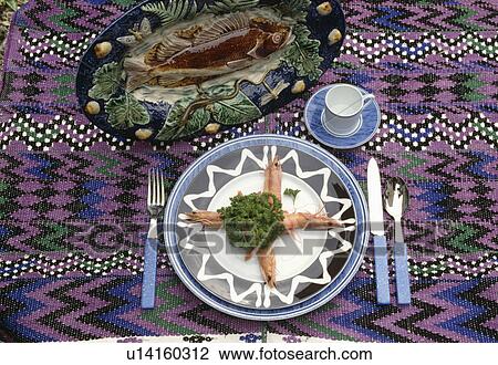 Stock Image - settings, summer, cloth, blue, cutlery, shellfish, food. Fotosearch