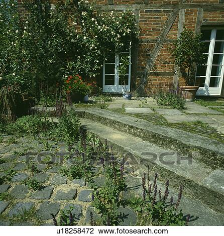 Stock Image - Shallow stone steps to patio in front of country house. Fotosearch