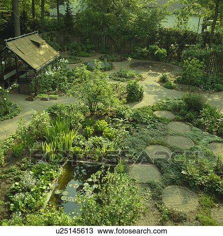 Stock Image - Small rectangular pond in country garden. Fotosearch