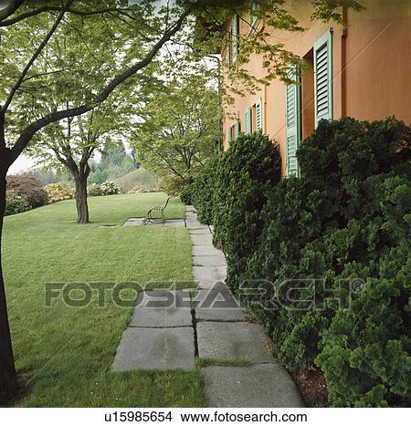 Small trees on lawn in front of Italian country house with shrubs in border beside paved path View Large Photo Image Picture - Small trees on lawn in front of Italian country house with shrubs in border beside paved path. Fotosearch