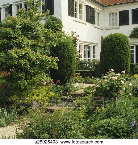 Steps between borders to white country house View Large Photo Image Stock Image - Steps between borders to white country house. Fotosearch