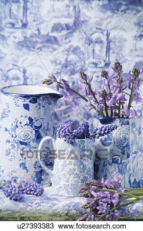 Stock Image - Still-Life of blue+white jugs and bluebells. Fotosearch