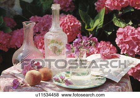 Stock Photo - Still-Life of glass bottles and pink hydrangeas. Fotosearch