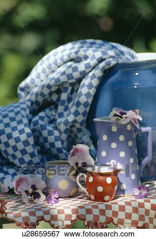 Still-Life of spotted jugs and checked fabric View Large Photo Image Stock Photo - Still-Life of spotted jugs and checked fabric. Fotosearch