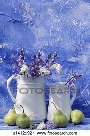 Stock Photo - Still-Life of white jugs and pears. Fotosearch