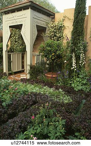 Stock Photography - Stone gazebo in walled summer garden. Fotosearch