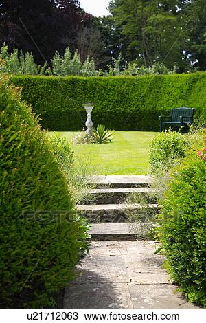 Stock Image - Stone steps to lawn with sundial in the centre and clipped hedge in the background. Fotosearch