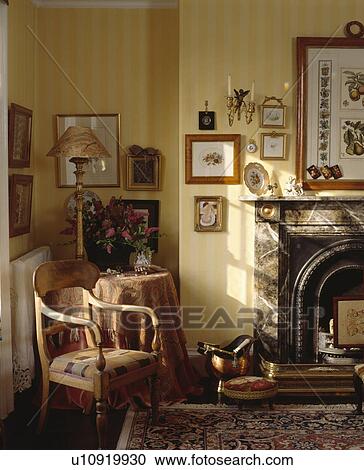 Striped wallpaper in traditional neutral living room View Large Photo Image Stock Image - Striped wallpaper in traditional neutral living room. Fotosearch