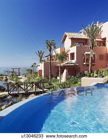 Stock Image - Swimming pool in front of large modern villa in Southern Spain. Fotosearch