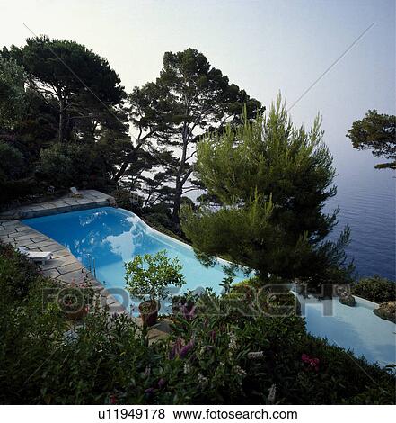 Swimming pool on the Italian coast with view of the sea View Large Photo Image Stock Photo - Swimming pool on the Italian coast with view of the sea. Fotosearch