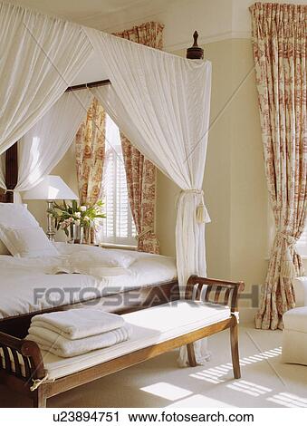 Toile De Jouy Curtains In Bedroom With White Drapes On Fourposter