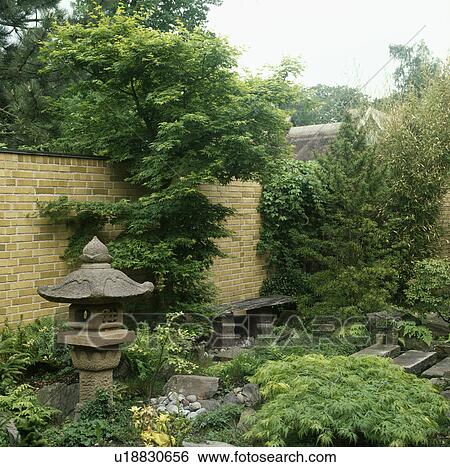 Stock Photograph - Tree and Japanese stone lantern in oriental-style green garden in summer. Fotosearch