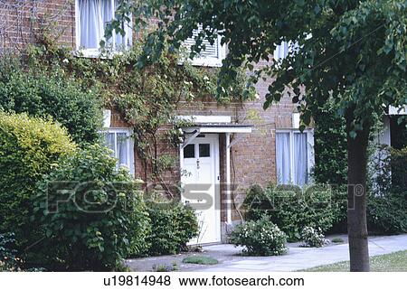 Stock Photo - Tree and shrubs in front of small townhouse with white front door. Fotosearch