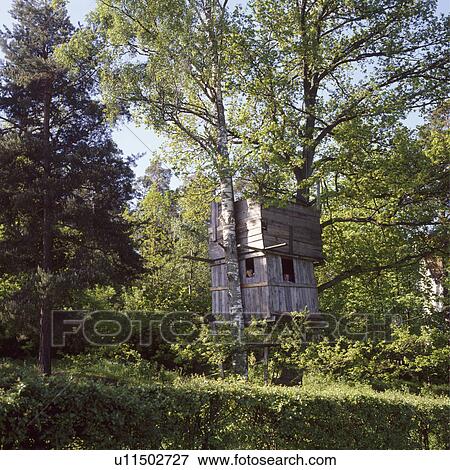 Stock Photo - Treehouse in country garden in summer. Fotosearch