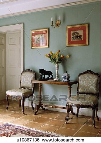 Upholstered chairs on either side of antique console table in pastel turquoise hall View Large Photo Image Stock Photograph - Upholstered chairs on either side of antique console table in pastel turquoise hall. Fotosearch