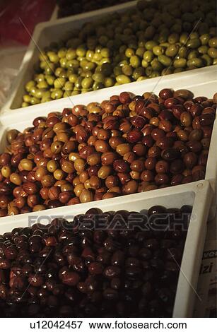 Stock Photo - Variety of different olives on sale in Turkish market.. Fotosearch