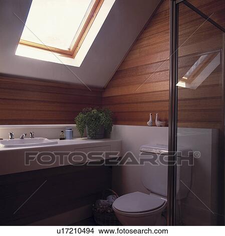 Picture - Velux window above basin in panelled attic shower room. Fotosearch