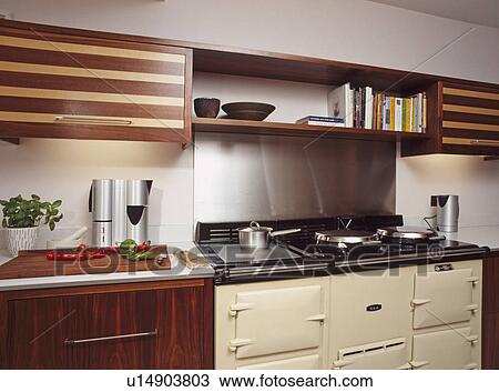 Stock Image - Walnut and maple veneer fitted cupboards above cream Aga in modern kitchen. Fotosearch