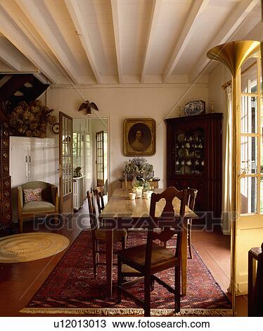 White beamed ceiling in country dining room with antique woodend table and chairs View Large Photo Image Stock Image - White beamed ceiling in country dining room with antique woodend table and chairs . Fotosearch