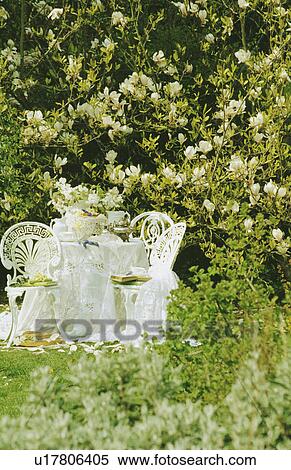 White chairs and cloth on table in country garden in summer View Large Photo Image Stock Photography - White chairs and cloth on table in country garden in summer. Fotosearch