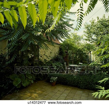 Stock Photo - White furniture on patio in courtyard garden in summer. Fotosearch