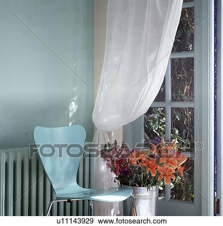 White voile curtain and pale turquoise Arne Jacobsen Ant chair View Large Photo Image Stock Photo - White voile curtain and pale turquoise Arne Jacobsen Ant chair. Fotosearch