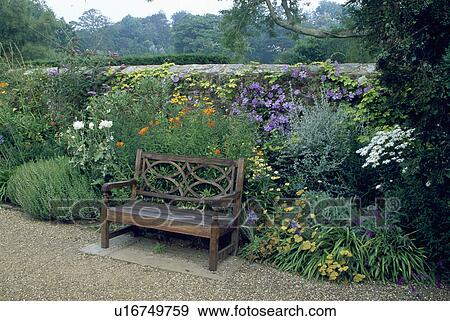 Stock Photo - Wooden bench in country garden in summer. Fotosearch