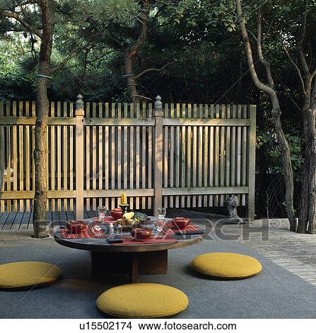 Yellow cushions and low table on oriental-style terrace View Large Photo Image Picture - Yellow cushions and low table on oriental-style terrace. Fotosearch