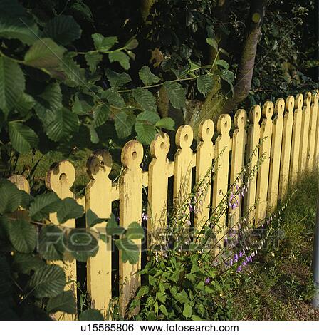 Yellow wooden fence in country garden in summer View Large Photo Image Stock Photograph - Yellow wooden fence in country garden in summer. Fotosearch