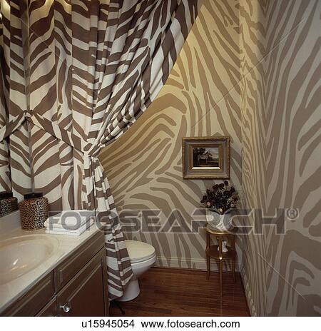 Zebra-print curtain and matching paint effect walls in small bathroom View Large Photo Image Picture - Zebra-print curtain and matching paint effect walls in small bathroom. Fotosearch