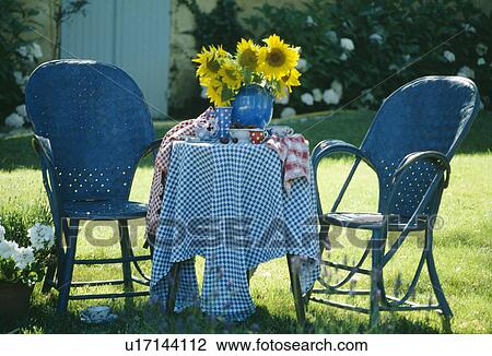 Blue chairs and yellow sunflowers on table in country garden in summer View Large Photo Image Stock Image - Blue chairs and yellow sunflowers on table in country garden in summer. Fotosearch
