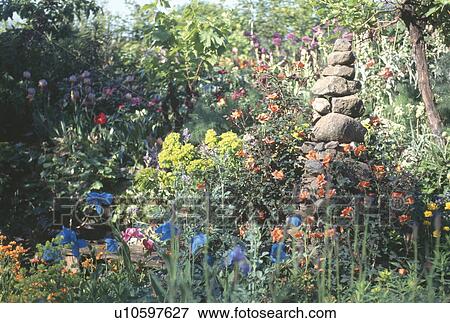 Blue meconopsis and orange roses in summer garden border with conical stone cairn View Large Photo Image Stock Photo - Blue meconopsis and orange roses in summer garden border with conical stone cairn. Fotosearch
