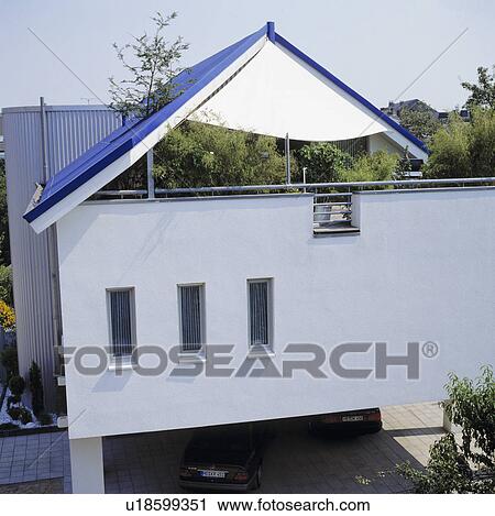 Stock Photography Of Blue Roof Above Terrace On Modern White Blue Roof Above Terrace On Modern White House In The Country