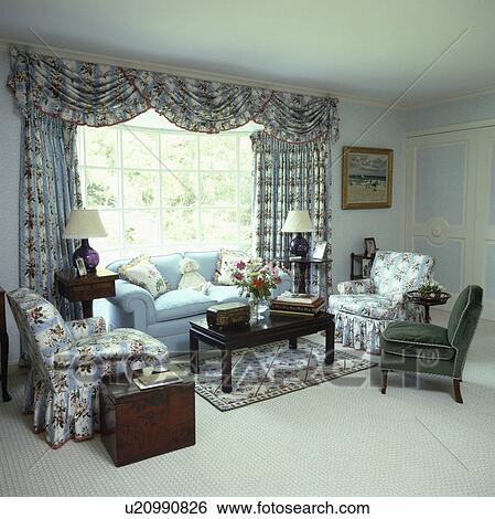 Blue White Floral Curtains And Armchairs In Traditional Living