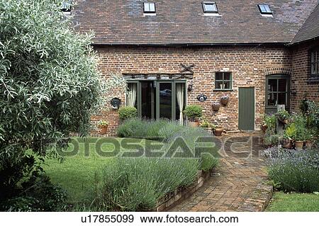 Stock Photo - Brick paving in courtyard garden with lavender hedge&#13; &#10;. Fotosearch
