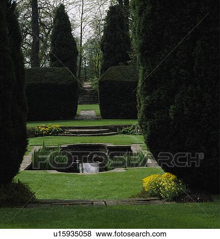 Calm vista over a small formal pool enclosed by clipped yew hedges and framed by tall Lawson cypresses. View Large Photo Image Stock Photo - Calm vista over a small formal pool enclosed by clipped yew hedges and framed by tall Lawson cypresses.. Fotosearch
