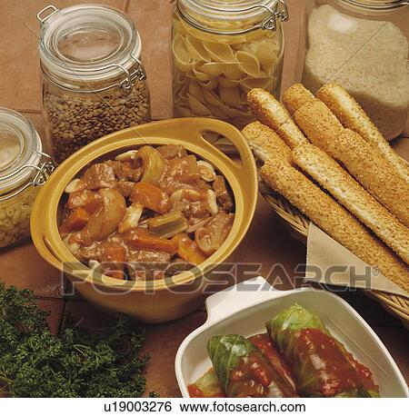 Stock Photograph - casserole, stew, meat, bread, main, food. Fotosearch