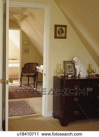 China dog on chest of drawers beside open door on attic landing with view of bedroom View Large Photo Image Stock Image - China dog on chest of drawers beside open door on attic landing with view of bedroom. Fotosearch