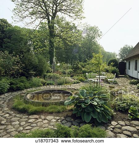 Circular pond in cobbles paving in country garden View Large Photo Image Stock Image - Circular pond in cobbles paving in country garden. Fotosearch