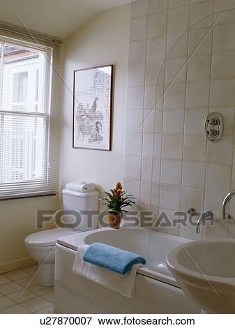 Clear glass panel on bath with shower in small neutral bathroom View Large Photo Image Stock Photo - Clear glass panel on bath with shower in small neutral bathroom. Fotosearch