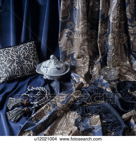 Close-up of blue+white cushion and fabric View Large Photo Image Picture - Close-up of blue+white cushion and fabric. Fotosearch