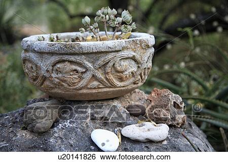 Close up of carved stone pot on rock View Large Photo Image Stock Photograph - Close up of carved stone pot on rock. Fotosearch