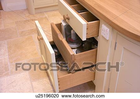 Close-up of open drawers with electric appliances in modern kitchen with electric plug socket below wood worktop View Large Photo Image Stock Image - Close-up of open drawers with electric appliances in modern kitchen with electric plug socket below wood worktop. Fotosearch