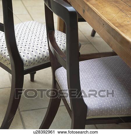 Close-up of patterned upholstered seats on wooden dining chairs View Large Photo Image Stock Image - Close-up of patterned upholstered seats on wooden dining chairs. Fotosearch