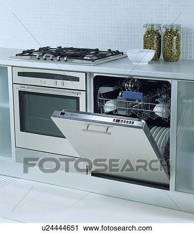 Close-up of stainless steel oven and dishwasher with door open View Large Photo Image Stock Image - Close-up of stainless steel oven and dishwasher with door open . Fotosearch