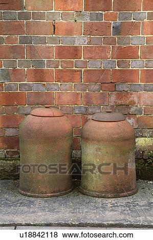 Close up of terracotta rhubarb pots in front of brick wall View Large Photo Image Stock Photo - Close up of terracotta rhubarb pots in front of brick wall. Fotosearch